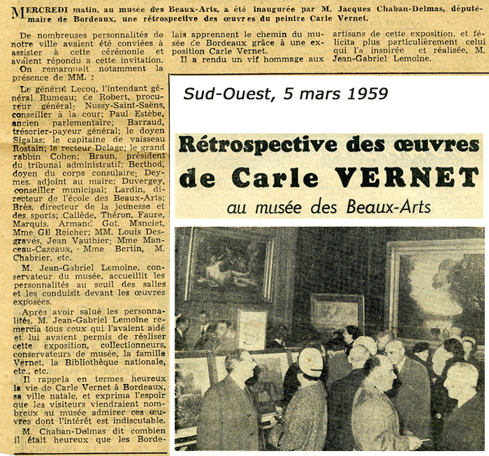 Article du Sud-Ouest du 5 mars 1959 sur l'exposition de 1959 "Carle Vernet" 
