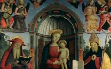 Le Perugin, (dit) Pietro di Cristoforo Vannucci, <i>Vierge à l'Enfant sur le trône entre saint Jérôme, saint Augustin, quatre anges et deux chérubins</i>, détail